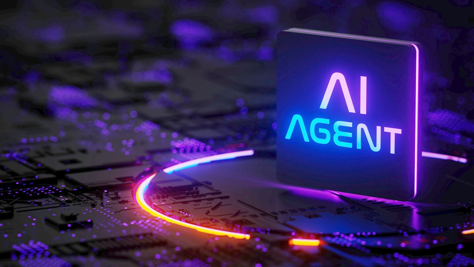 A glowing 'AI Agent' panel lit up above a circuit board.