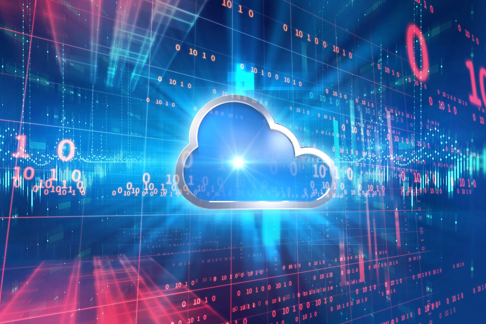 Illustration of a cloud icon surrounded by streams of binary code and data grids.